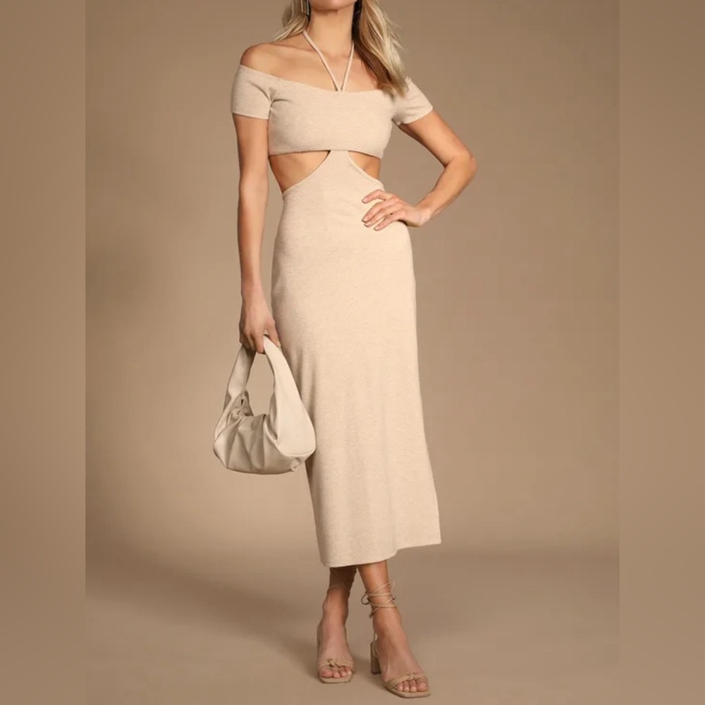 Brand New - Beige Halter Off-the-Shoulder Cutout Dress - size Small